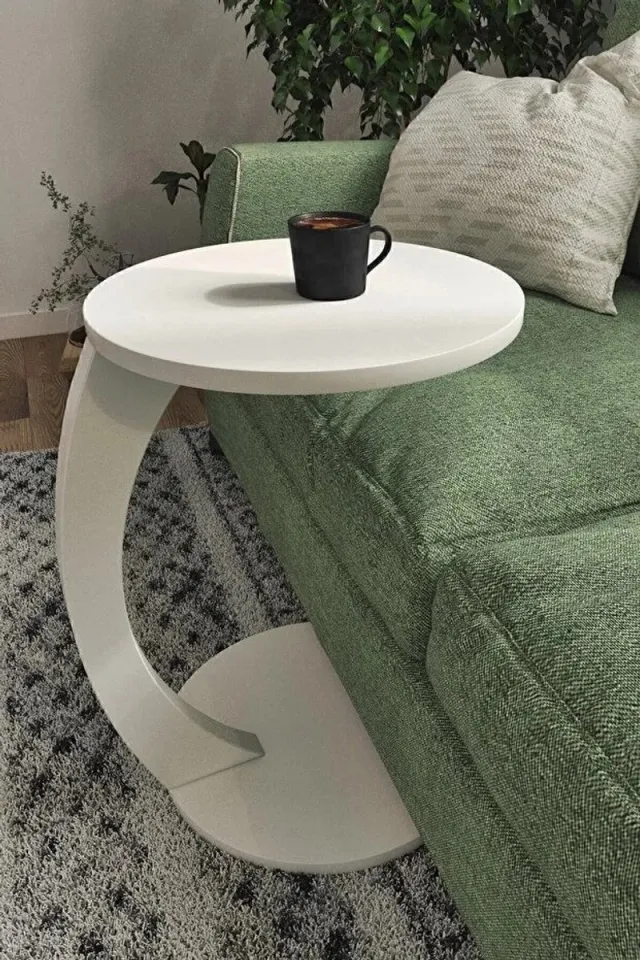 Zeo Wood Bijzettafel - Bijzettafel met wielen - Bedtafeltje met Wielen - Tafeltje op Wieltjes - Ronde Bijzettafel - Wit