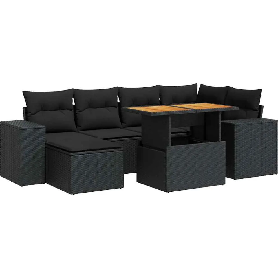 vidaXL 7-delige Loungeset met kussens poly rattan zwart, foto 3