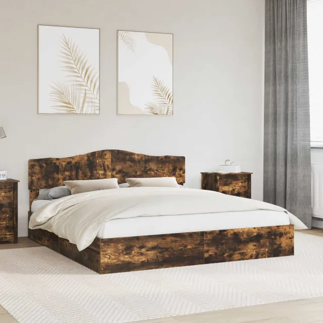 vidaXL Opslag bed met lade Gerookt eiken 180 x 200 cm Bewerkt hout Bruin