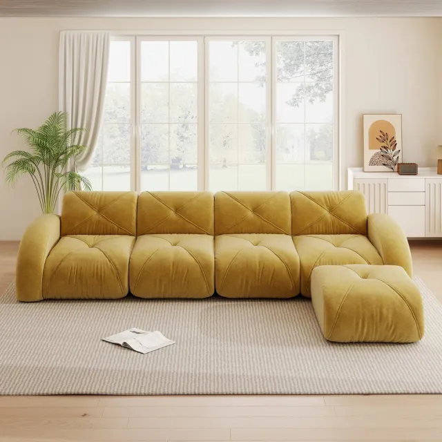 MEUNIQ modulaire hoekbank 4-zits L-vormig van chenille, zonder montage, met losse voetensteun, zachte zitting en antislip onderzijde voor de woonkamer Geel