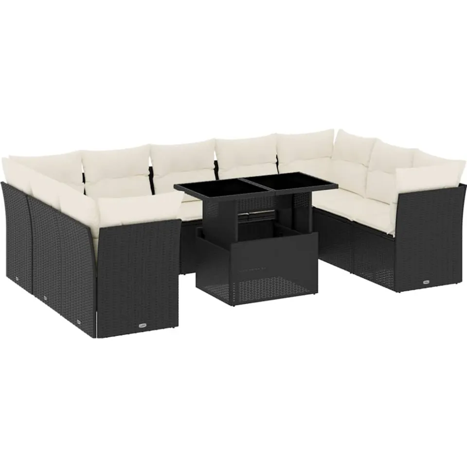 vidaXL 10-delige Loungeset met kussens poly rattan zwart