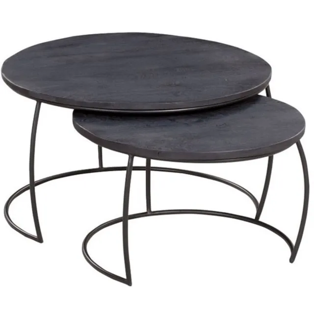 Industrieel In Huis Salontafelset Rond set van 2 - Mangohout Zwart - Bijzettafels Set van 2 - Salontafel Zwart Rond - Bijzettafeltjes Woonkamer - Salon Tafel Mangohout Rond - Salontafel industrieel Landelijk - Tafeltje Set 2 stuks Zwart