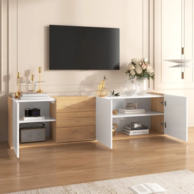Wishdor TV meubel - 171,5 cm breed - 3 deuren en 3 laden - modern design - voor woonkamer - houtlook en bewerkt hout - wit en houtkleur