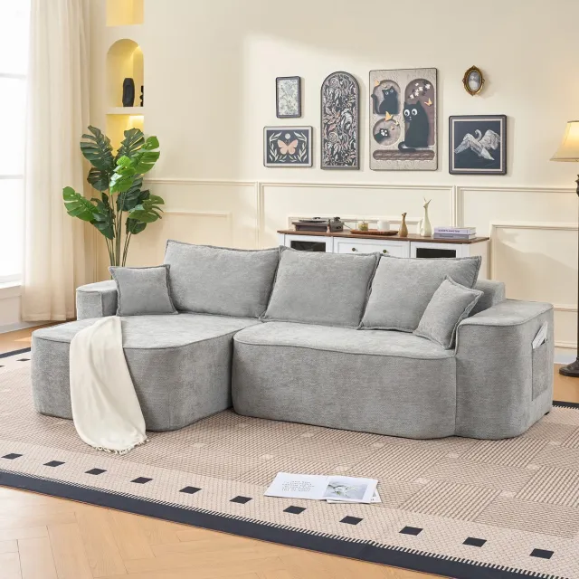 MIVRAY Hoekbank 262 x 144 x 65 cm - Modulair Zonder Montage Met Chaiselongue En Opbergtas - Voor Woonkamer Of Kantoor - Chenille Grijs