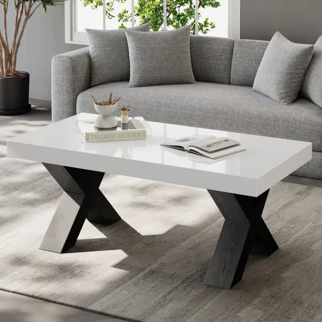 MIVRAY Salontafel Hoogglans Rechthoekig Ontwerp Met X Vormige Poten Voor Woonkamer Balkon En Werkkamer MDF Wit Zwart 100 X 50 X 40 Cm Wit + zwart