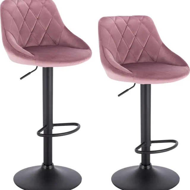BukkitBow Industriële Velvet Barkruk met Rugleuning en Verstelbare Zithoogte - Set van 2 Stuks (60-82CM) - Roze