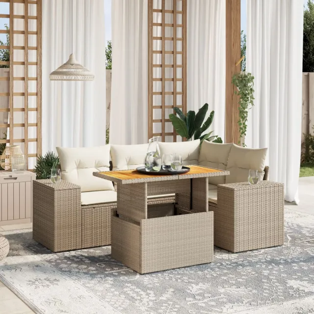 vidaXL 5-delige Loungeset met kussens poly rattan beige, foto 2