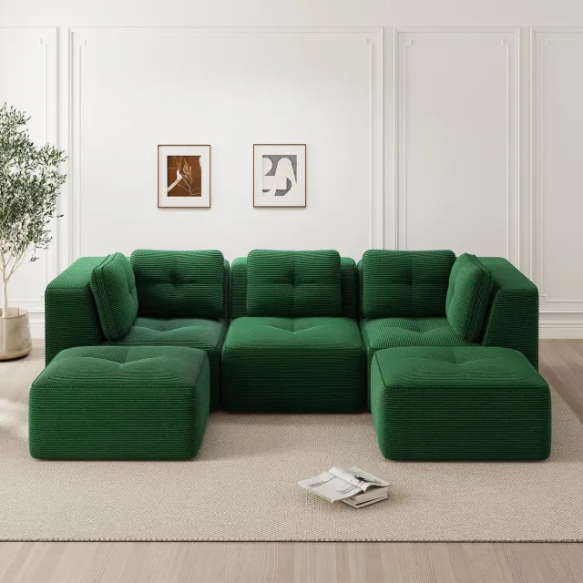 COVREO Modulaire hoekbank met ottomane – 297x177x69 cm – 3-zits zitmeubel van corduroy, zonder montage – Zitting 74 cm diep – Groen