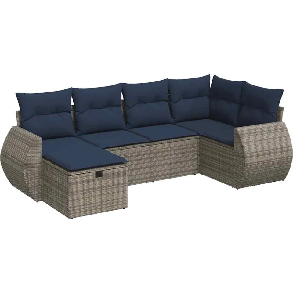 vidaXL 6-delige Loungeset met kussens poly rattan grijs, foto 3