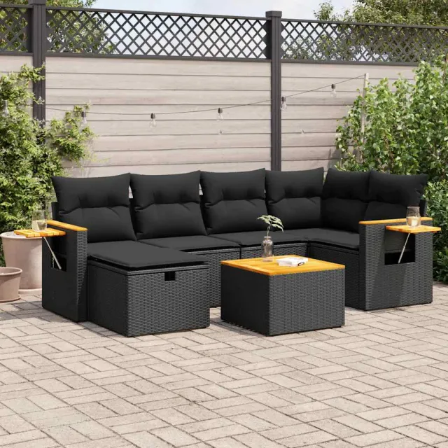 vidaXL 7-delige Loungeset met kussens poly rattan zwart, foto 2