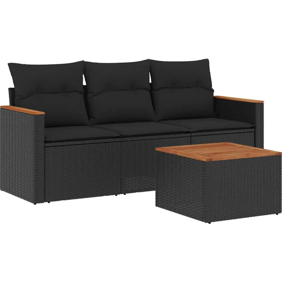 vidaXL 4-delige Loungeset met kussens poly rattan zwart, foto 3