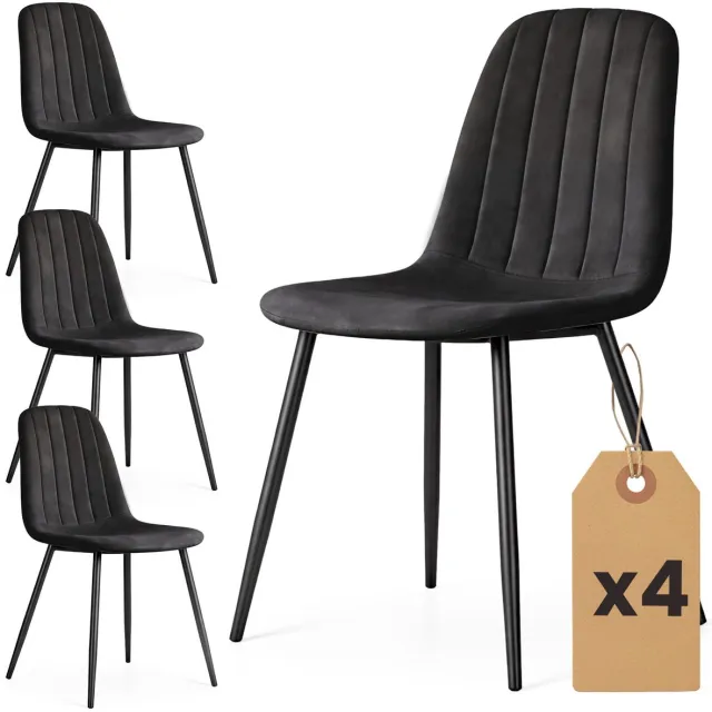 Akord Set van 4 Eetkamerstoelen LUMO / Gestoffeerde Stoelen / Fluwelen Stoelen en Metalen Poten / Zwart met zwarte benen