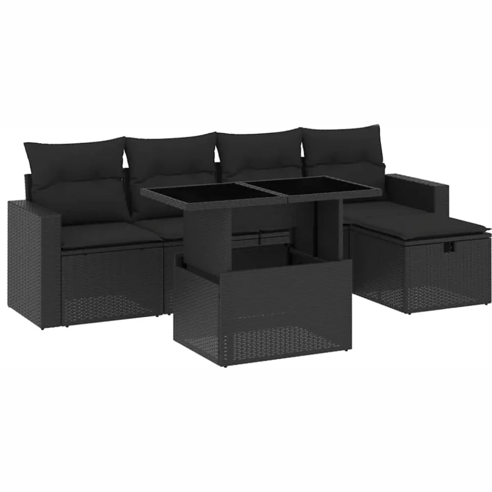 vidaXL 6-delige Loungeset met kussens poly rattan zwart, foto 3
