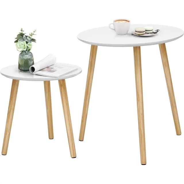 FurnStar Ronde Bijzettafelset – Set van 2 Salontafels – Scandinavische Stijl – Massief Houten Poten – Minimalistisch Design – Wit/Naturel