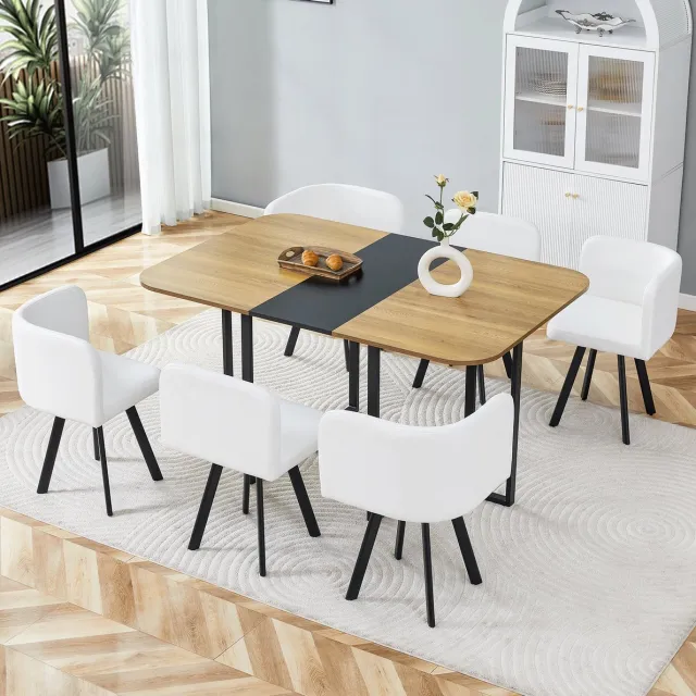MODENUIT Set Tafel En Stoelen 150 x 100 cm - Uitschuifbare Eettafel Met 6 Stoelen - Houtlook - Wit Zwart