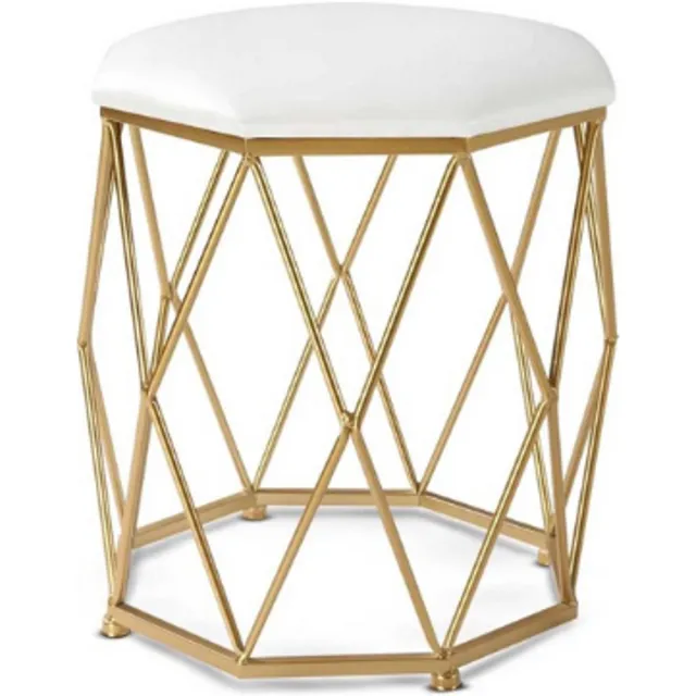 LUXALIVING Poef met Goud Metalen Frame – Beige Gestoffeerde Zitting – Ronde Poef – Ø 34 × 44 cm