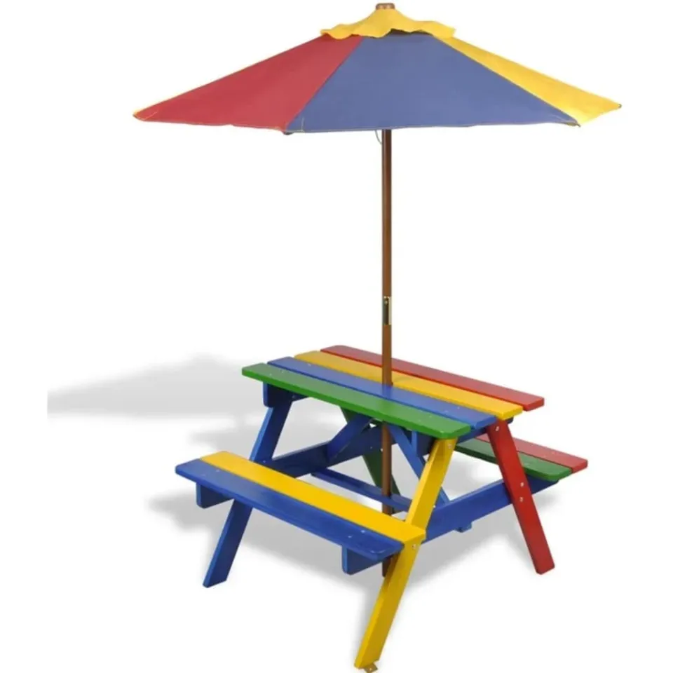 vidaXL Kinderpicknicktafel met banken en parasol hout meerkleurig