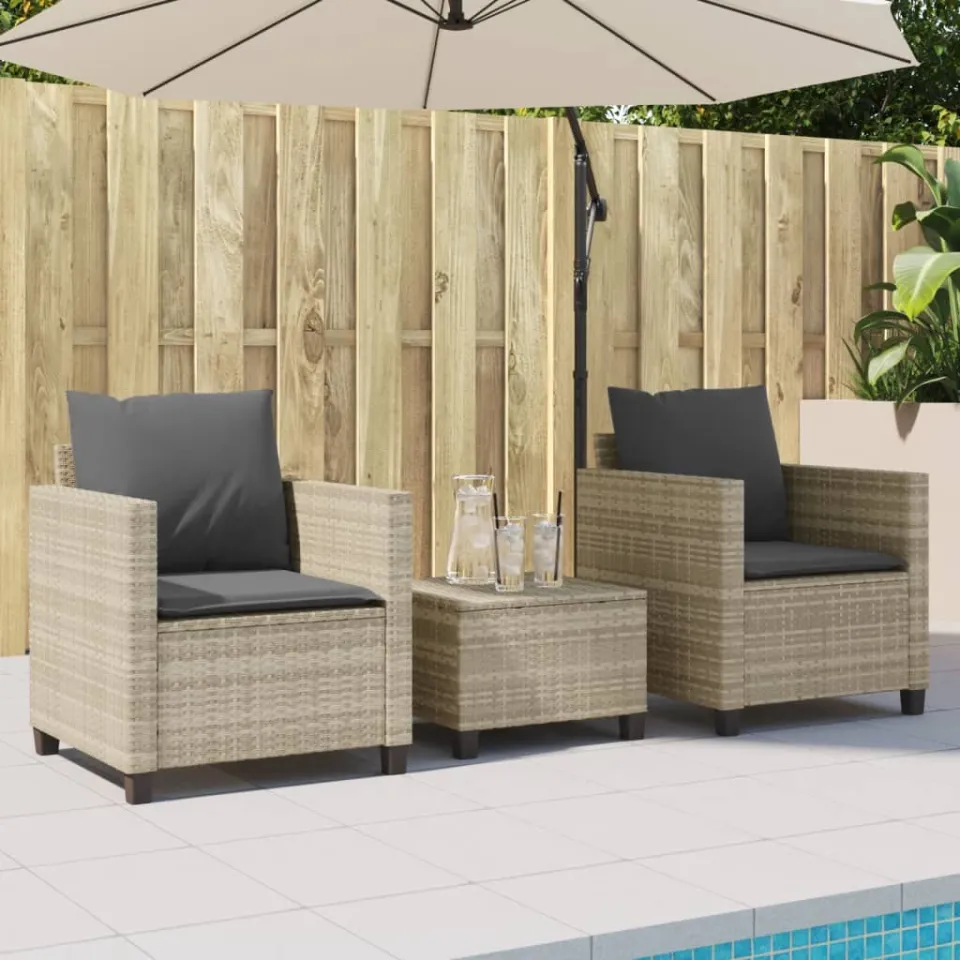 vidaXL 3-delige Bistroset met kussens poly rattan lichtgrijs grijs, foto 2