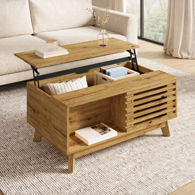 COVREO Salontafel met verstelbaar blad – 90 x 55 x 57,5 cm – Woonkamertafel met schuifdeur – MDF meubel met opbergruimte – Naturel