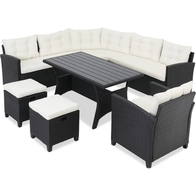 Casaria Loungeset Polyrattan XXL – 9 Personen – Tuinmeubelen met Tafel – Zwart Crème