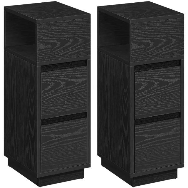 Livista Nachtkastjes – Set van 2 – Smalle Bijzettafels met 2 Lades – Flexibele Open Vakken – Ruimtebesparend – Voor Slaapkamer of Woonkamer – Zwart Zwart x 2