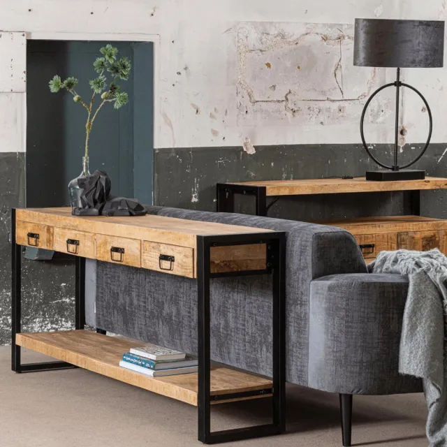 Mahom Mangohouten Sidetable Britt 4 lades Mahom Industrieel - Kleine tafel van Mangohout & Metaal - Industriële Huiskamertafel Bruin