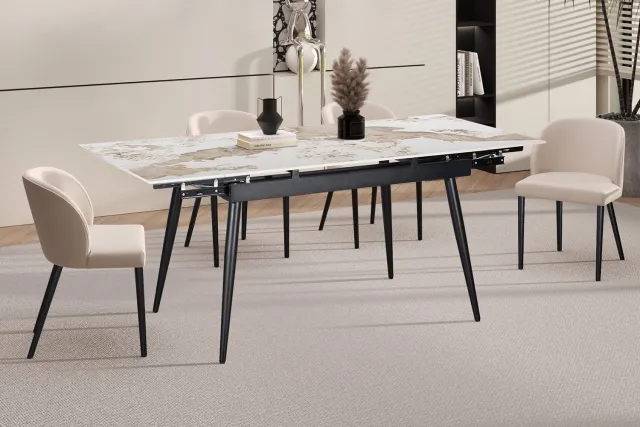 Rousseau Hero Uitschuifbare Eettafel – 120-180 x 80 cm – Glanzend Stenen Blad met Goudbruine Marmerlook – Zwarte Metalen Poten