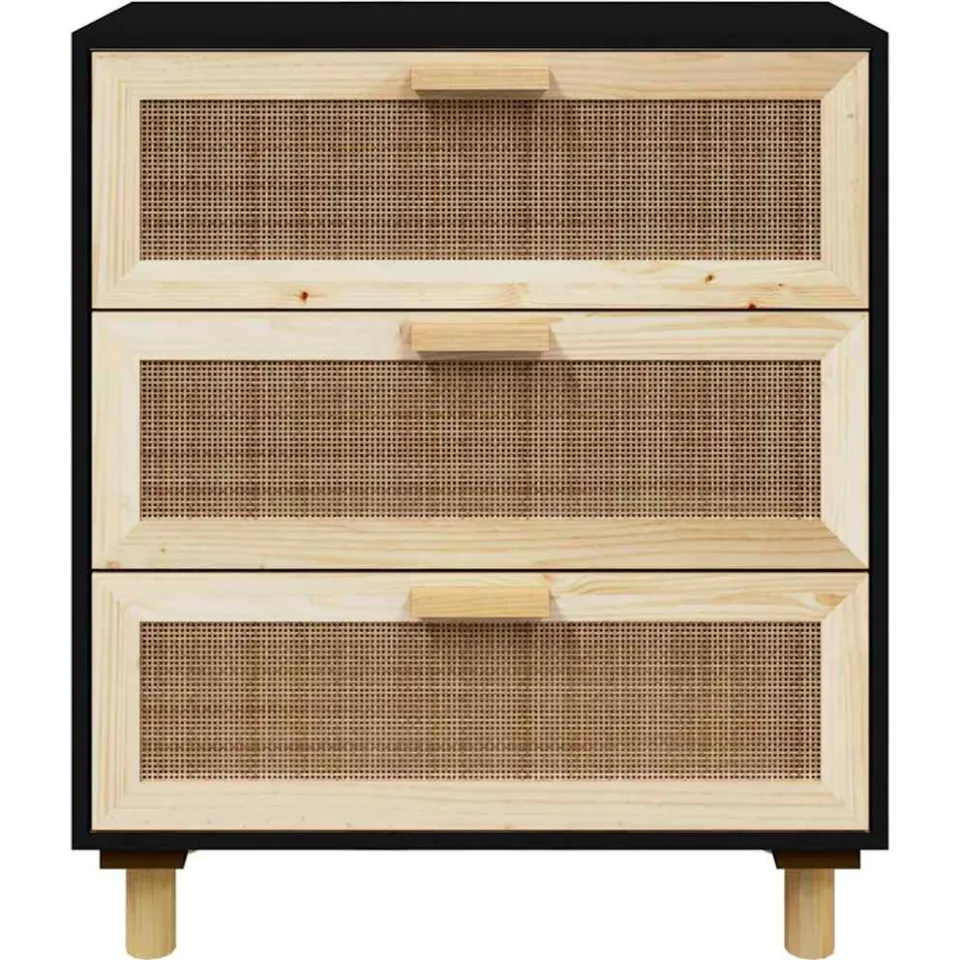 vidaXL Dressoir 60x30x70 cm massief grenen hout en rattan zwart, foto 4