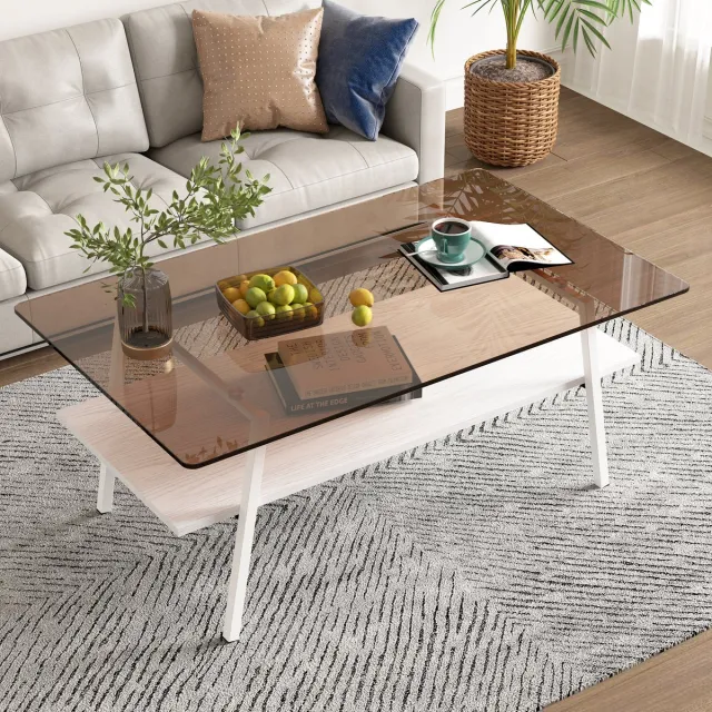 HAUSS SPOLE Salontafel - Gehard Glazen Blad En MDF Onderstel - Modern Voor Woonkamer - Bruin Wit - 98x58x42,5 Cm