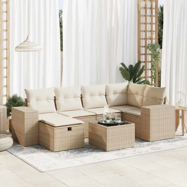 vidaXL 7-delige Loungeset met kussens poly rattan beige, foto 2