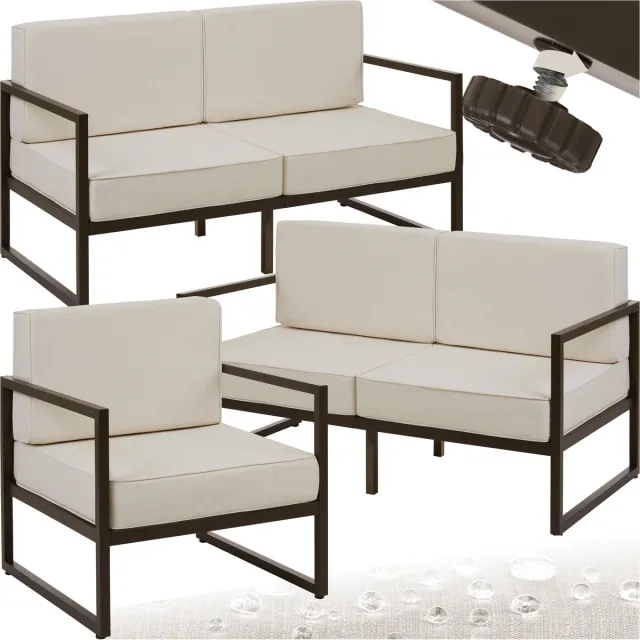 Tectake Tuin-loungeset Comosa - Voor 5 personen - Tuinset - 2 loungebanken en tuin fauteuil - Waterafstotende en ultradikke zit-en rugkussens - Draagkracht 120kg per zitplaats - Bruin/beige 2 banken en 1 stoel