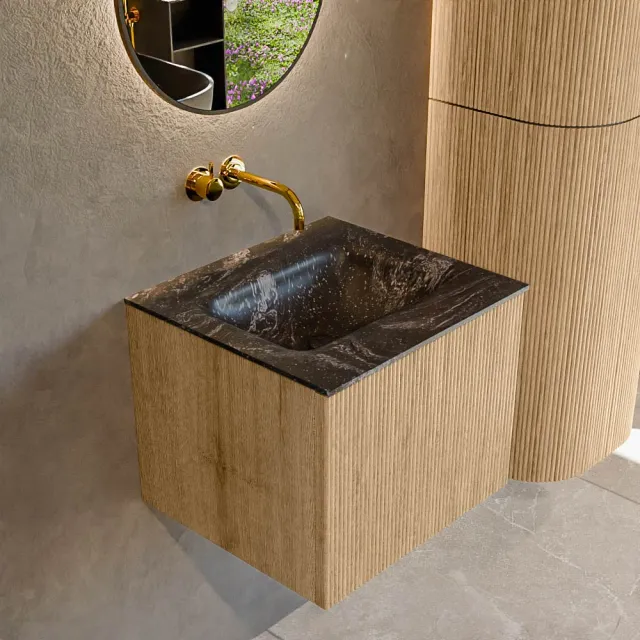 Mondiaz KURVE-DLUX 50 cm Onderkast Greeploos 1 Lade Zonder Deuren Oak, Wastafel Solid Surface Midden Lava 0 Kraangaten Zonder Spiegel (KRVGRU501L0D0KM-Oak/Lav)