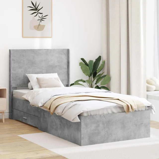 vidaXL Bedframe met opbergruimte en hoofdbord Betongrijs 90 x 200 cm