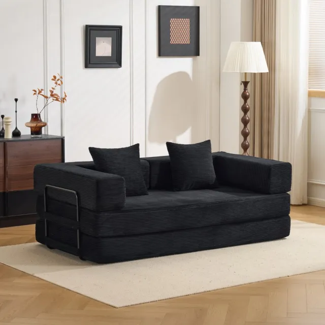 MODENUIT Slaapbank 185 x 92,5 cm - Opvouwbaar Tot Bed - Voor Woonkamer En Slaapkamer - Ribstof Zwart