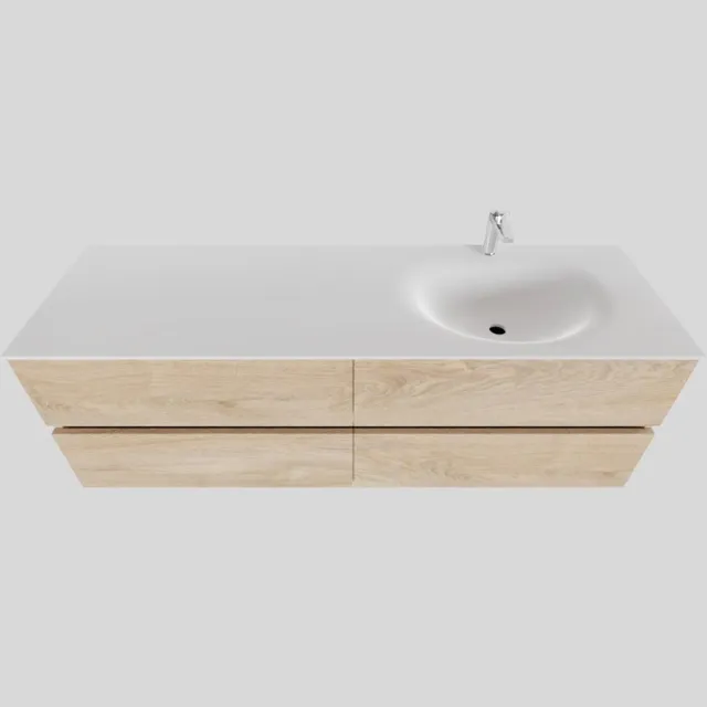 Boss & Wessing Badkamermeubel Solid Surface BWS Stockholm 150x46 cm Links Wood Washed Oak 4 Laden (0 kraangaten) Houtlook