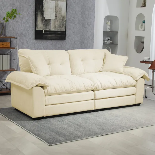 MEUNIQ beige chenille 2-zitsbank 214 cm met dubbele zitkussens, lage poten en afneembare zitkussens voor woonkamer, appartement of kantoor