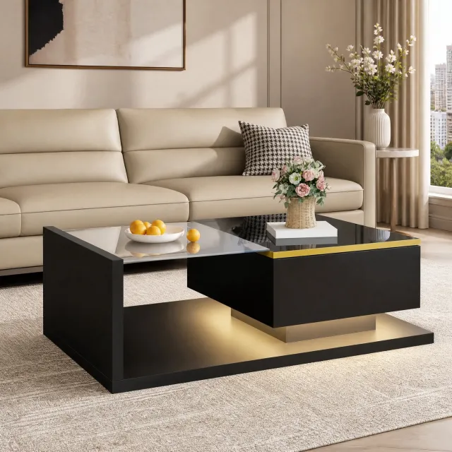 Maisentiel Salontafel 90 x 50 cm met glas en 16-kleuren LED – hoogglans zwart