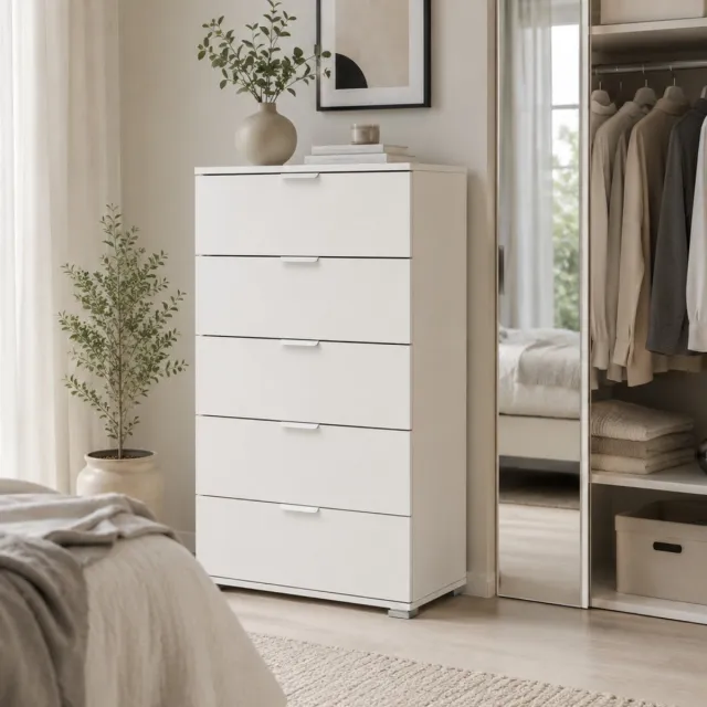 White Stone The White Stone Ladekast met 5 Laden Wit Voorgemonteerd | Ruimtebesparend Opbergmeubel 60x103x38 cm | Moderne Commode voor Slaapkamer, Badkamer en Wasruimte met Soepel Glijdende Laden Bianco