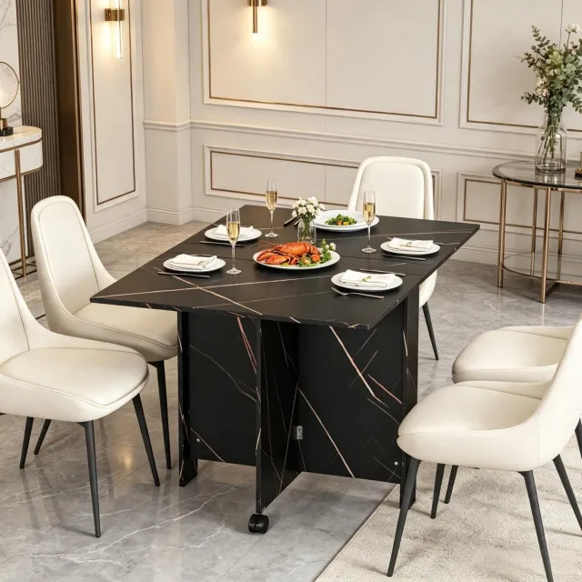CHICFURN Eettafel 120 cm - 6 personen - Opklapbaar en uitschuifbaar - Met wielen - Keuken en woonkamer - Spaanplaat en kunststof - Zwart marmerlook