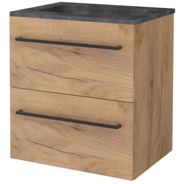 Boss & Wessing Badmeubelset BWS Salt 60x46cm Met Grepen 2 Lades Met Wastafel Hardsteen Whisky Oak Bruin