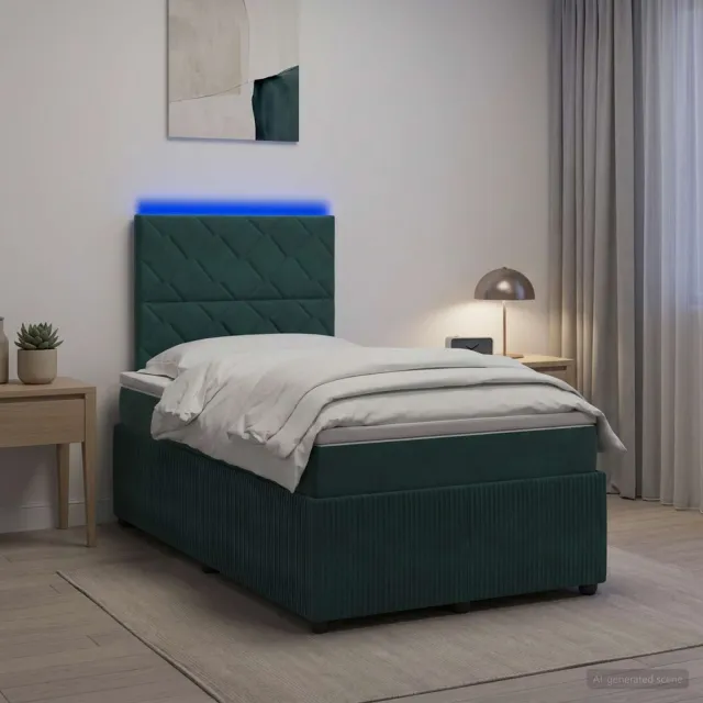 vidaXL LED Boxspring Bed met Matras Donkergroen 120 x 190 cm Fluweel