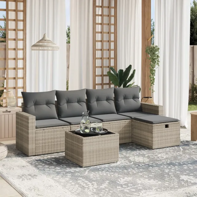 vidaXL 6-delige Loungeset met kussens poly rattan lichtgrijs grijs, foto 2