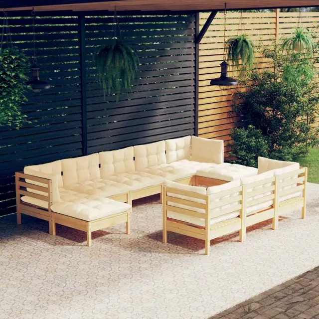 vidaXL 10-delige Loungeset met crèmekleurig kussens massief grenenhout, foto 2
