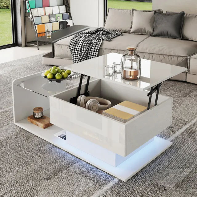 COVREO salontafel 100 x 50 x 47,5 cm - hoogglans wit, glasplaat, verstelbare hoogte, LED
