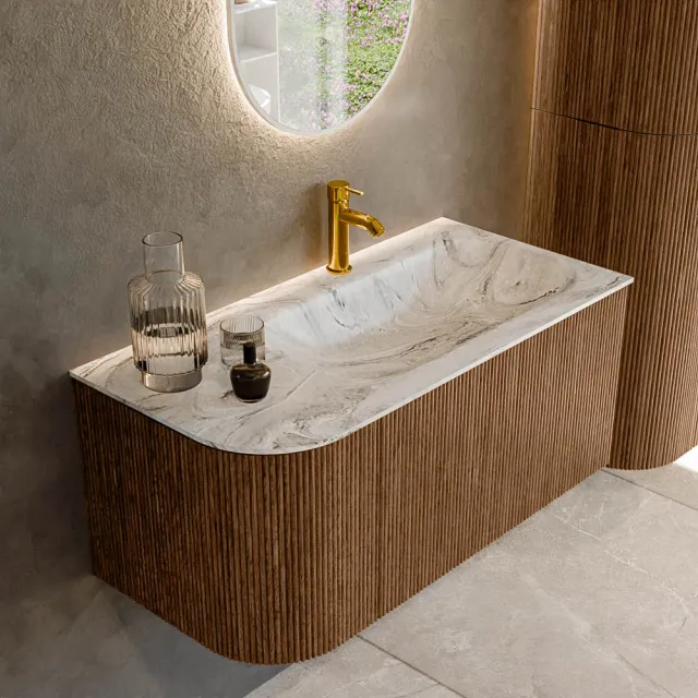 Mondiaz KURVE-DLUX 95 cm Onderkast Greeploos 1 Lade Met Deuren Walnut, Wastafel Solid Surface Rechts Glace 1 Kraangat Zonder Spiegel (KRVBGS95L1L1D1KR-Wal/Gla)