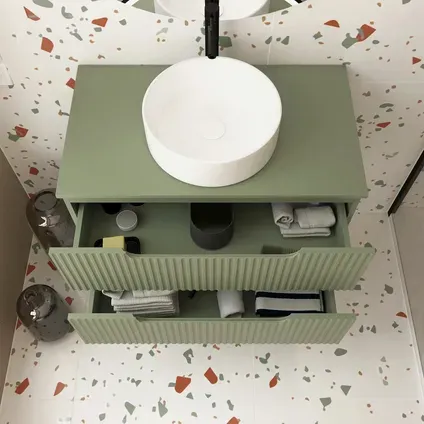 Aurlane Wastafelonderkast Emilien 46cm - Olijfgroen - Met 2 Lades - Met Mat Witte Wastafel, foto 4