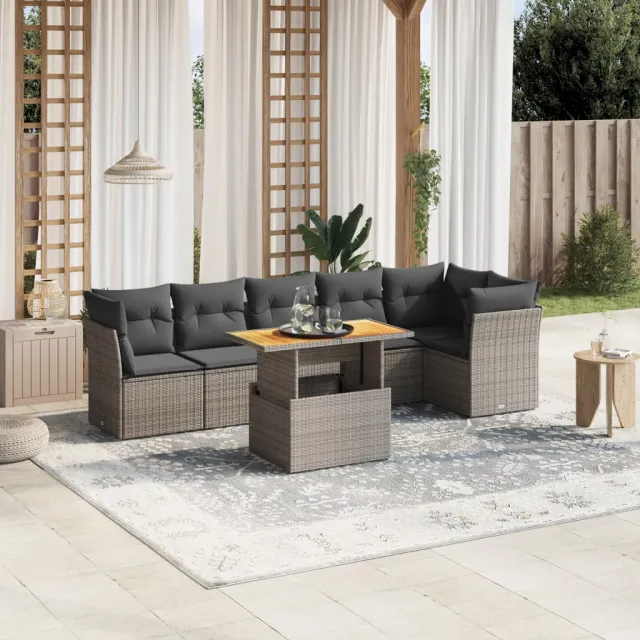 vidaXL 7-delige Loungeset met kussens poly rattan grijs, foto 2