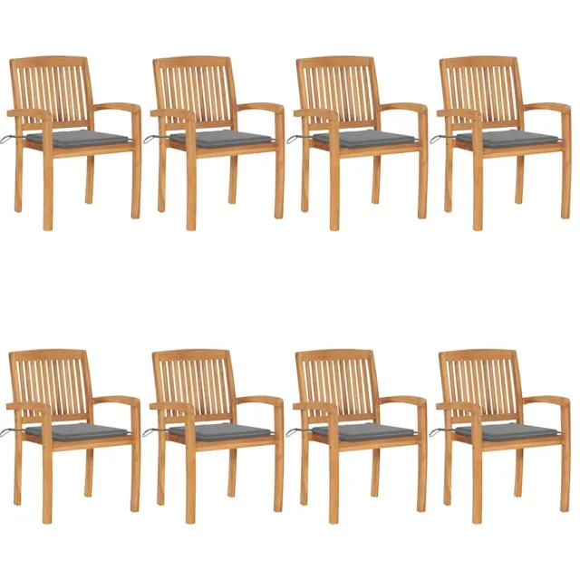 vidaXL Tuinstoelen stapelbaar 8 st met kussens massief teakhout Grijs