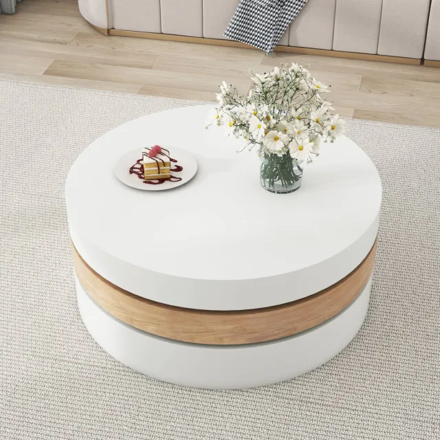 REDOM Salontafel - 360° draaibaar - 3 lagen met verborgen opbergruimte - Modern - Woonkamer - MDF - Wit en naturel - 60 x 60 x 35,1 cm Wit+Natuurlijk houtkleur