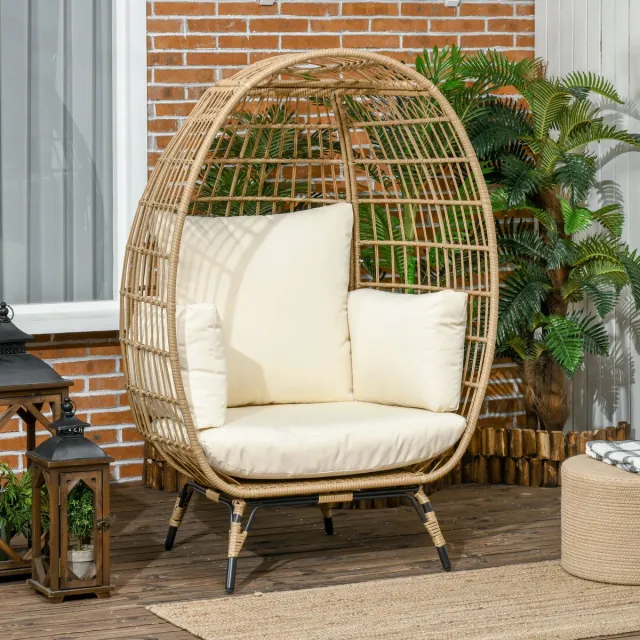 FloraGrace Fauteuil 105 x 90 x 148 cm - Ovale Rotan Tuinstoel Met 12 cm Kussens En Verstelbare Voeten - Voor Balkon En Terras - Metaal - Khaki